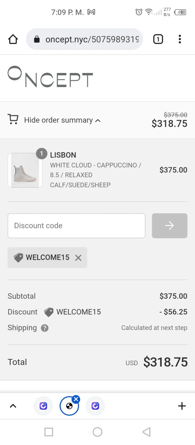Oncept checkout page showing Oncept discount code box | Screenshot taken by SimplyCodes community member on Jan 26, 2022