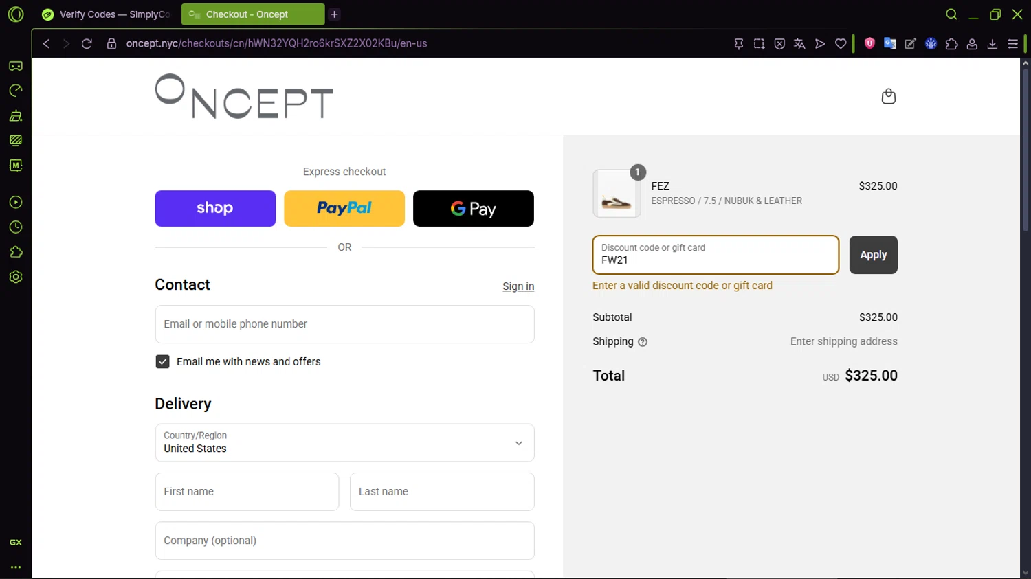 Oncept discount code screenshot showing code FW21 applied at Oncept checkout page. Uploaded by SimplyCodes community member CleverMaven2889 on Sep 16, 2025