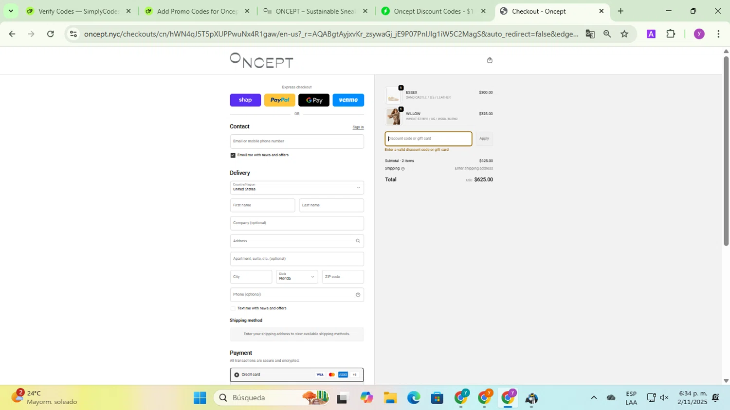 Oncept discount code screenshot showing code WELCOME15 applied at Oncept checkout page. Uploaded by SimplyCodes community member yadicg054 on Nov 2, 2025