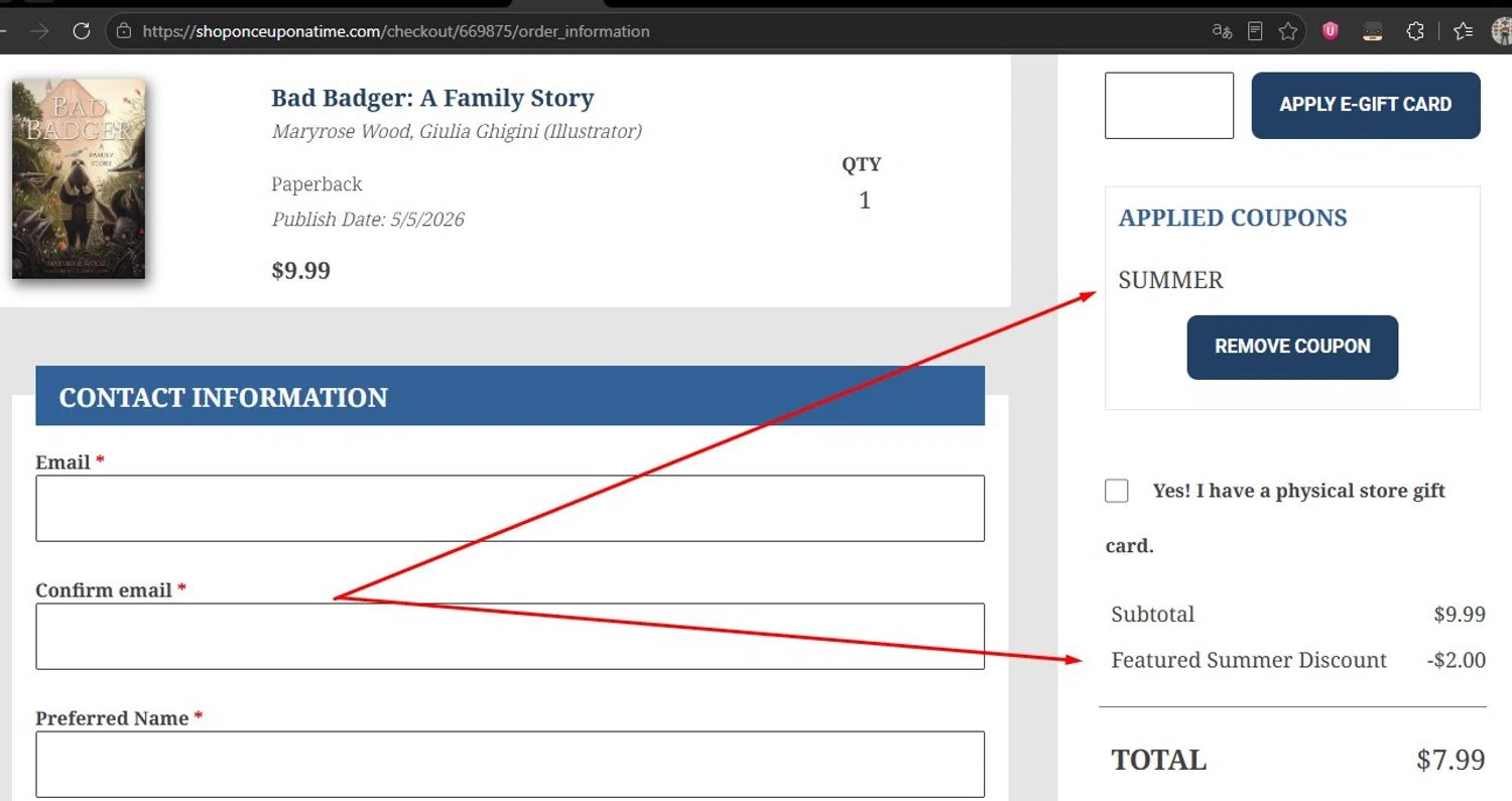 Once Upon A Time Bookstore promo code screenshot showing code SUMMER applied at Once Upon A Time Bookstore checkout page. Uploaded by SimplyCodes community member HonestVzla on Jun 12, 2026