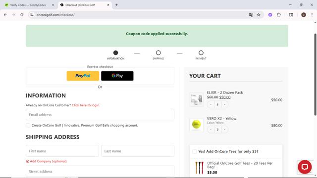 OnCore Golf checkout page showing OnCore Golf promo code box | Screenshot taken by SimplyCodes community member on Aug 9, 2025