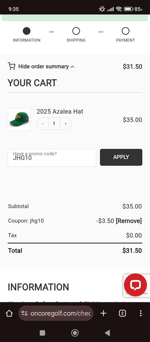 OnCore Golf checkout page showing OnCore Golf promo code box | Screenshot taken by SimplyCodes community member on Jul 24, 2025
