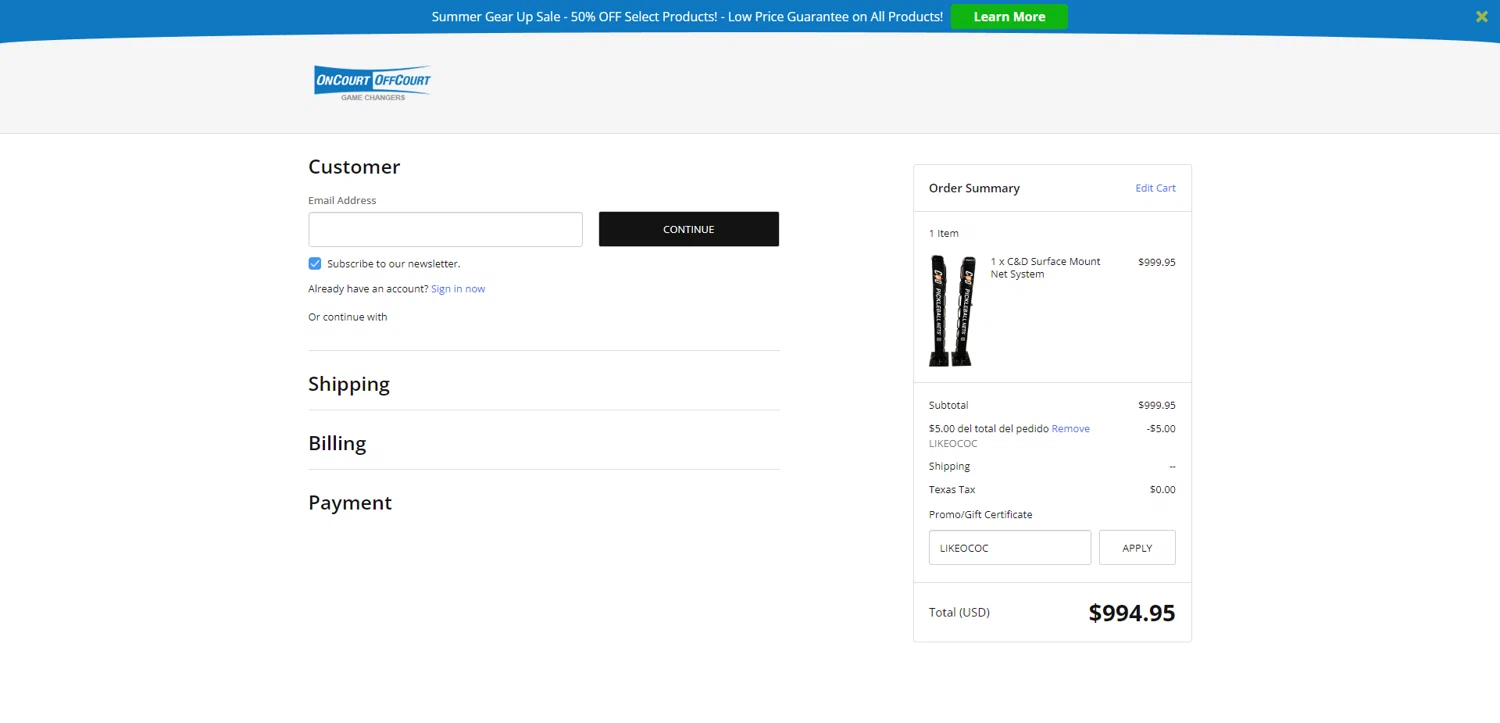 OnCourtOffCourt promo code screenshot showing code LIKEOCOC applied at OnCourtOffCourt checkout page. Uploaded by SimplyCodes community member EpicEagle816 on Jul 25, 2025