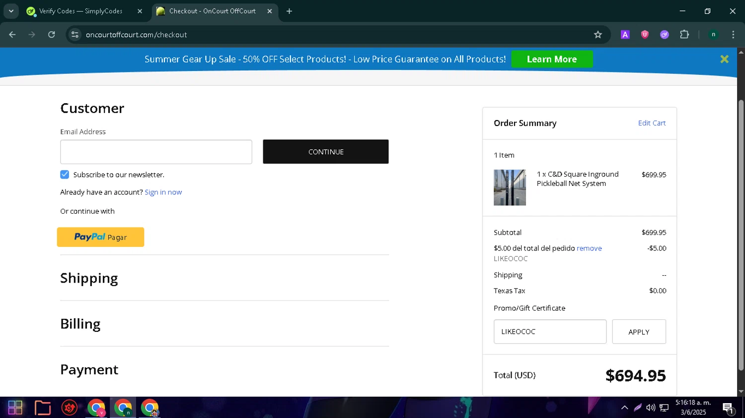 OnCourtOffCourt promo code screenshot showing code LIKEOCOC applied at OnCourtOffCourt checkout page. Uploaded by SimplyCodes community member VoucherWizard5329 on Jun 3, 2025