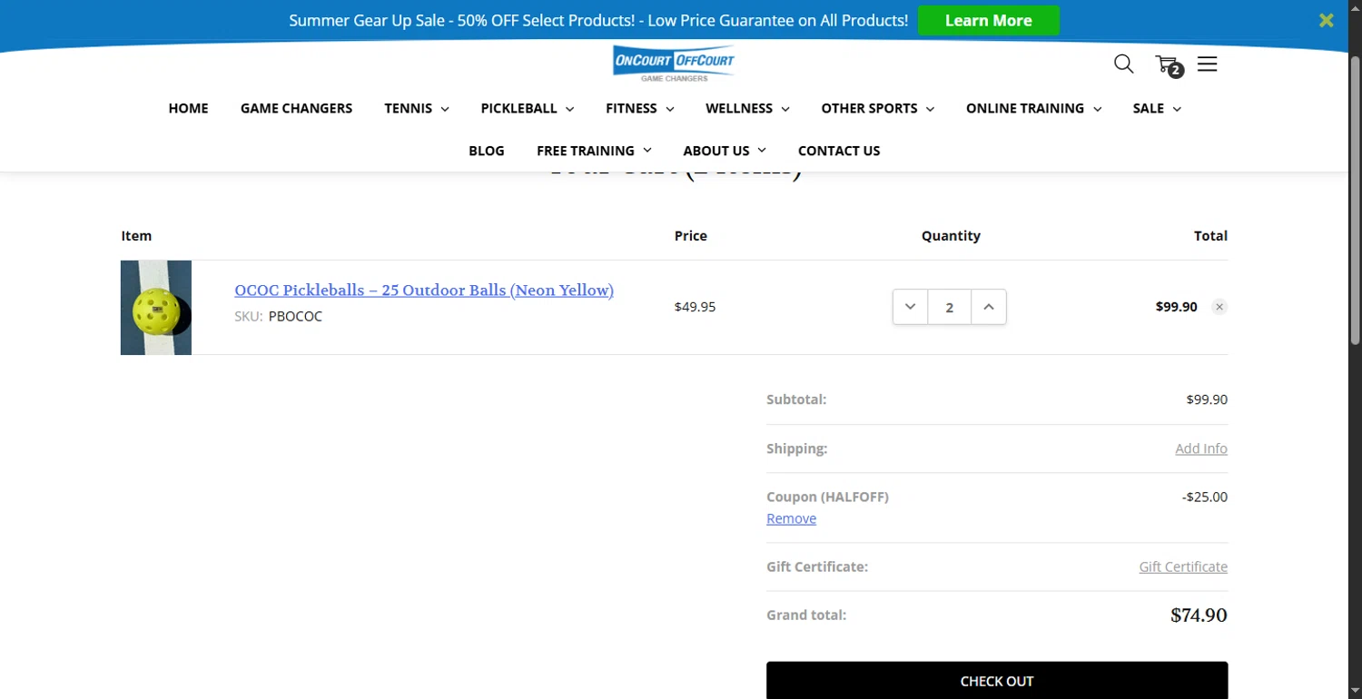 OnCourtOffCourt promo code screenshot showing code HALFOFF applied at OnCourtOffCourt checkout page. Uploaded by SimplyCodes community member BonusFox1297 on Jul 25, 2025