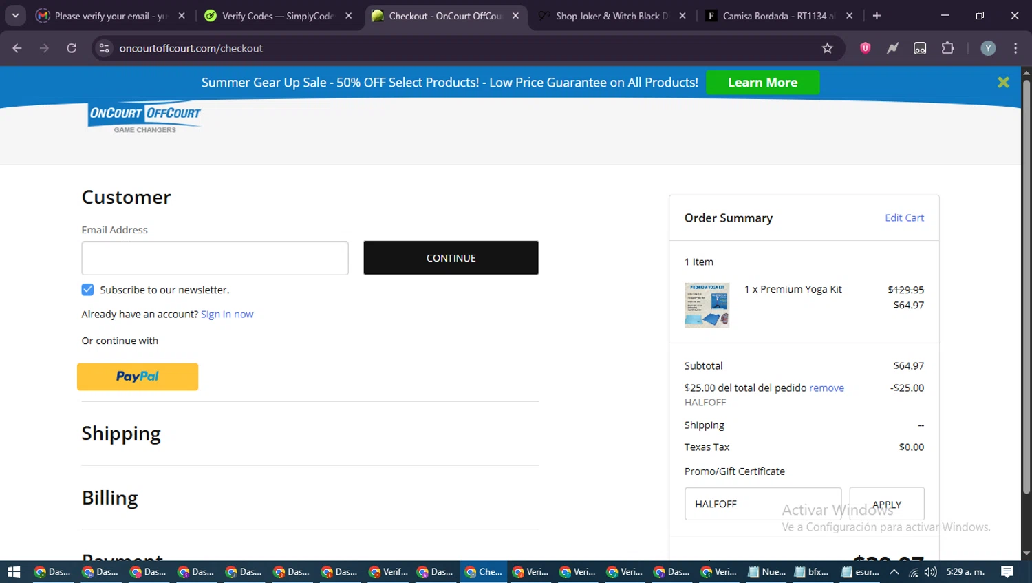 OnCourtOffCourt promo code screenshot showing code HALFOFF applied at OnCourtOffCourt checkout page. Uploaded by SimplyCodes community member MoneyTiger5162 on Jun 3, 2025