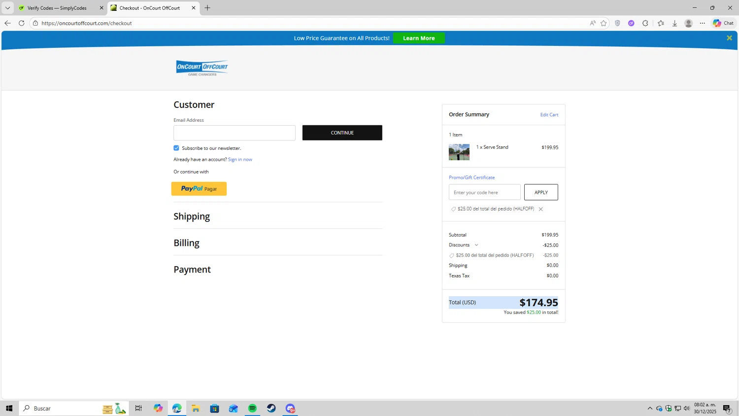 OnCourtOffCourt promo code screenshot showing code HALFOFF applied at OnCourtOffCourt checkout page. Uploaded by SimplyCodes community member fjkdjkldsf on Dec 30, 2025