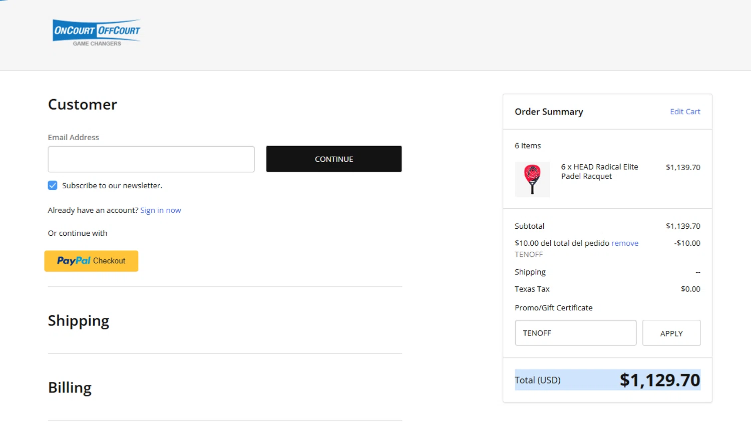 OnCourtOffCourt promo code screenshot showing code TENOFF applied at OnCourtOffCourt checkout page. Uploaded by SimplyCodes community member D_9278 on Feb 8, 2025