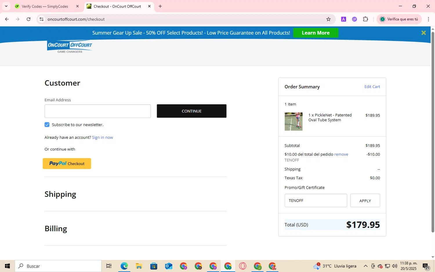 OnCourtOffCourt promo code screenshot showing code TENOFF applied at OnCourtOffCourt checkout page. Uploaded by SimplyCodes community member SmartShopper4328 on May 20, 2025