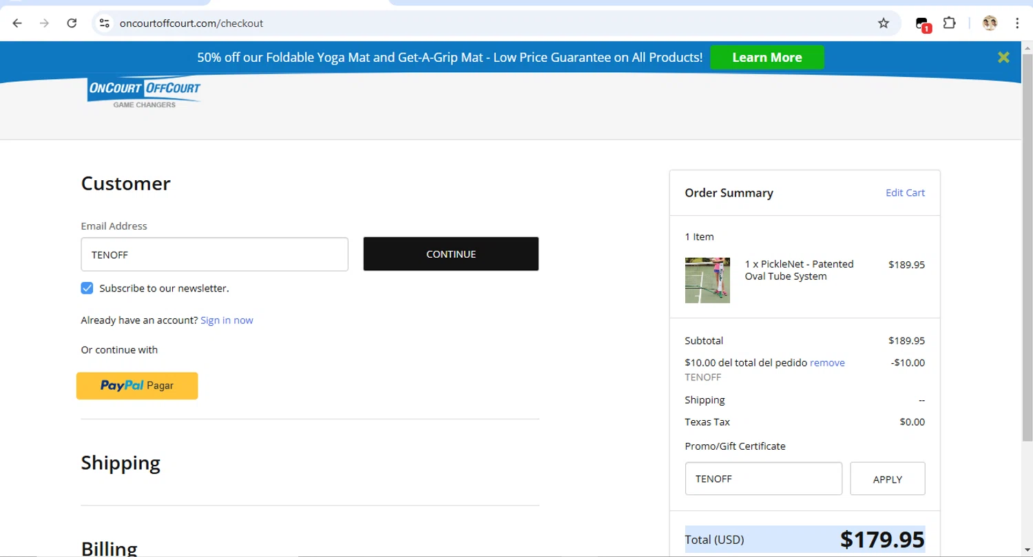 OnCourtOffCourt promo code screenshot showing code TENOFF applied at OnCourtOffCourt checkout page. Uploaded by SimplyCodes community member LegendaryTitan9160 on Feb 8, 2025