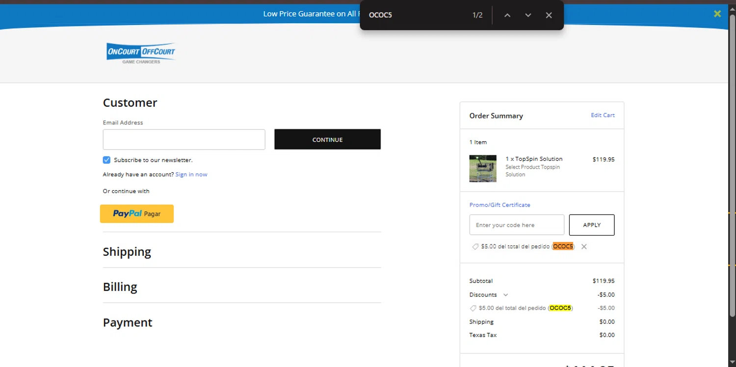 OnCourtOffCourt checkout page showing OnCourtOffCourt promo code box | Screenshot taken by SimplyCodes community member on Dec 30, 2025