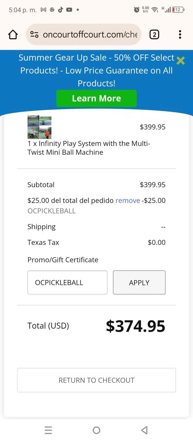 OnCourtOffCourt promo code screenshot showing code OCPICKLEBALL applied at OnCourtOffCourt checkout page. Uploaded by SimplyCodes community member 220919 on May 13, 2025