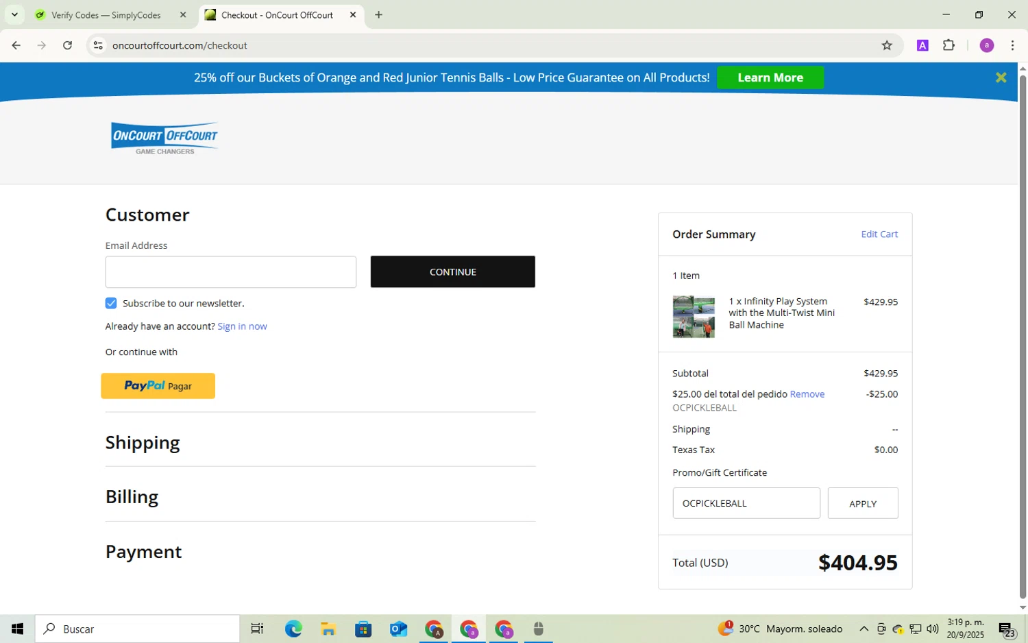 OnCourtOffCourt promo code screenshot showing code OCPICKLEBALL applied at OnCourtOffCourt checkout page. Uploaded by SimplyCodes community member Andygar on Sep 20, 2025