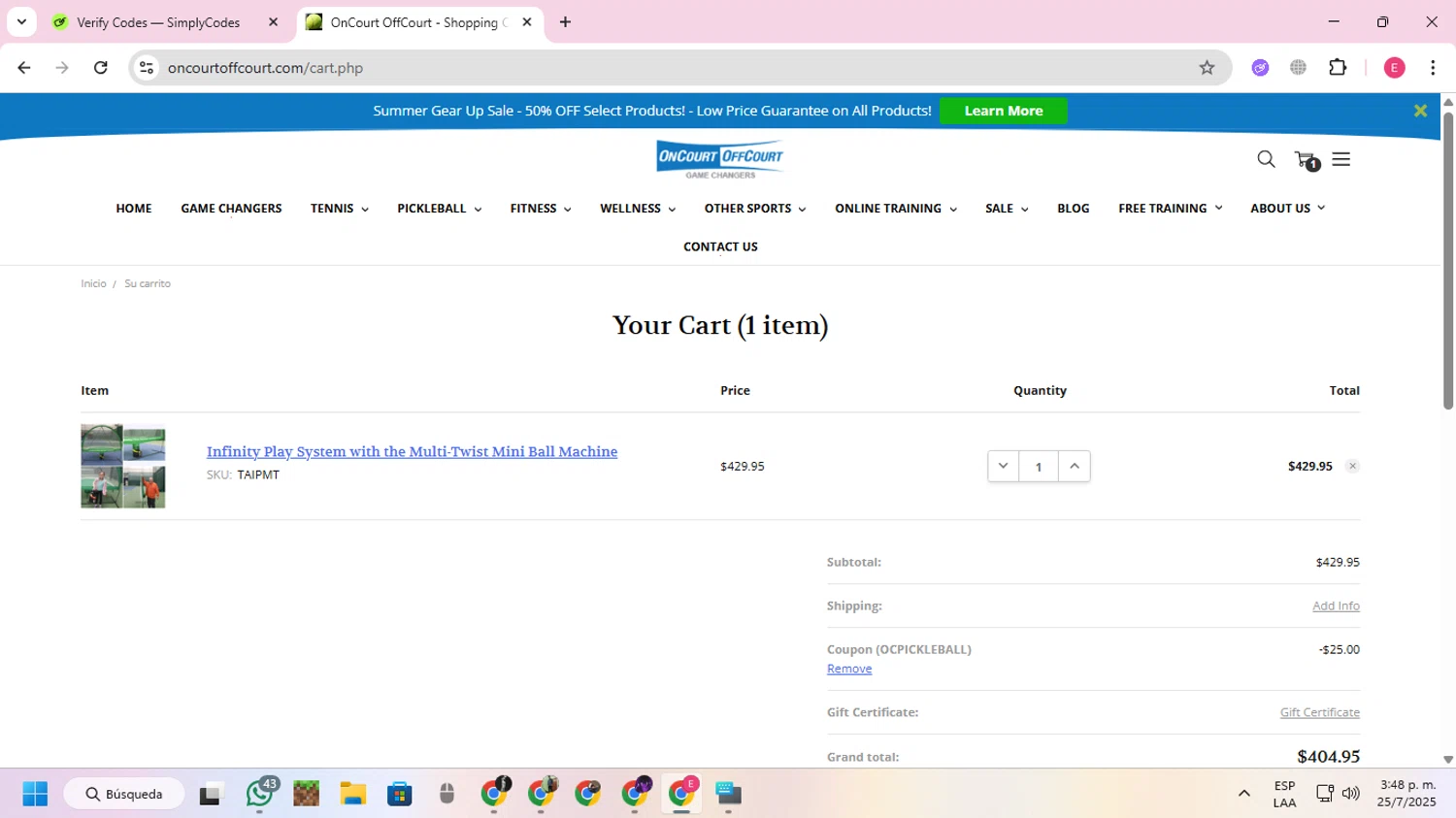 OnCourtOffCourt promo code screenshot showing code OCPICKLEBALL applied at OnCourtOffCourt checkout page. Uploaded by SimplyCodes community member VoucherExpert2930 on Jul 25, 2025