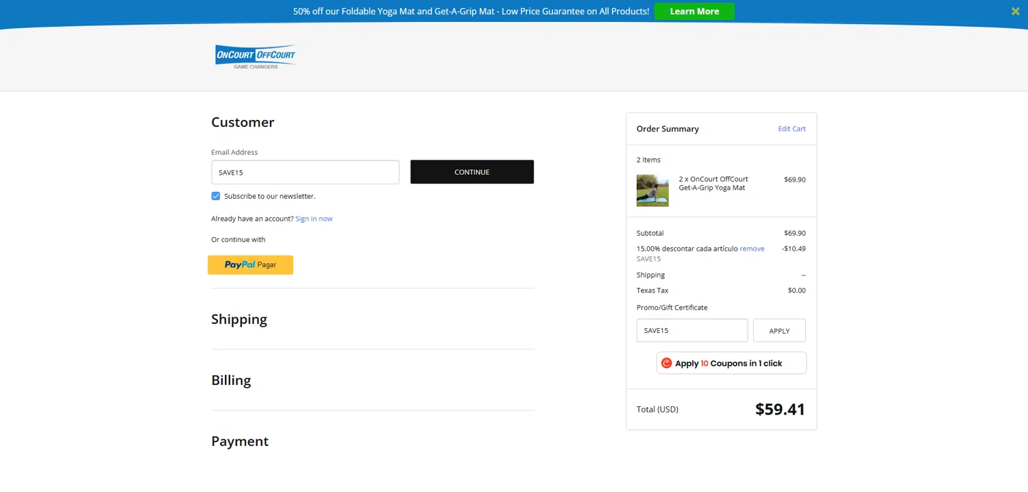 OnCourtOffCourt promo code screenshot showing code SAVE15 applied at OnCourtOffCourt checkout page. Uploaded by SimplyCodes community member Dorothy on Jan 3, 2025