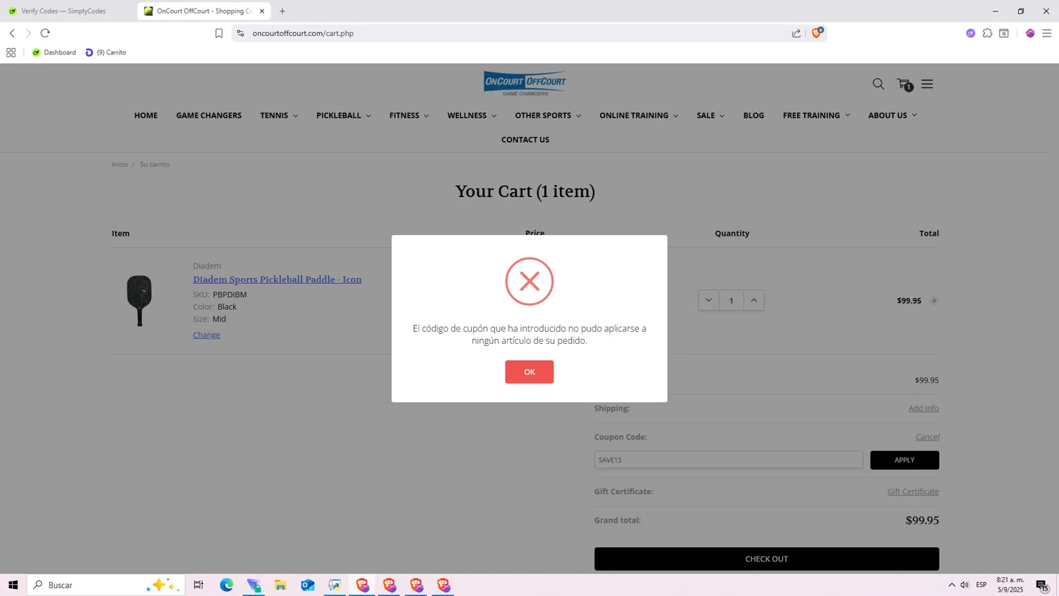 OnCourtOffCourt promo code screenshot showing code SAVE15 applied at OnCourtOffCourt checkout page. Uploaded by SimplyCodes community member Machi005 on Sep 5, 2025