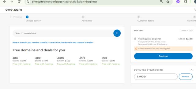 One.com checkout page showing One.com discount code box | Screenshot taken by SimplyCodes community member on Jul 21, 2025