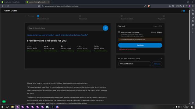 One.com checkout page showing One.com discount code box | Screenshot taken by SimplyCodes community member on Aug 6, 2025