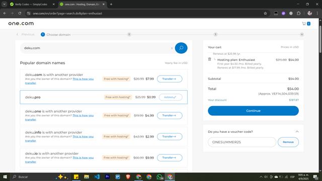 One.com checkout page showing One.com discount code box | Screenshot taken by SimplyCodes community member on Sep 4, 2025