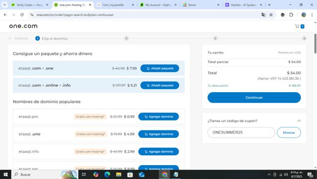 One.com checkout page showing One.com discount code box | Screenshot taken by SimplyCodes community member on Jul 8, 2025