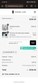 SHAVECART10 coupon verification screenshot