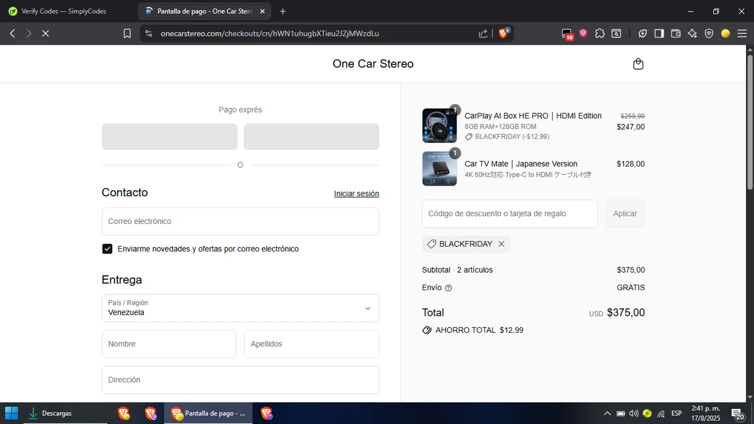 One Car Stereo promo code screenshot showing code BLACKFRIDAY applied at One Car Stereo checkout page. Uploaded by SimplyCodes community member ScanVoyager3538 on Aug 17, 2025