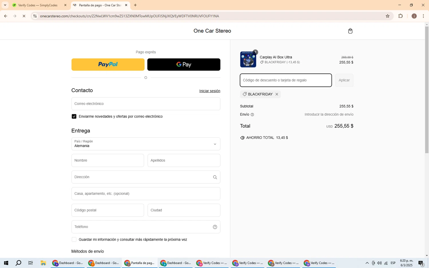 One Car Stereo promo code screenshot showing code BLACKFRIDAY applied at One Car Stereo checkout page. Uploaded by SimplyCodes community member GoldChaser6000 on Mar 6, 2025