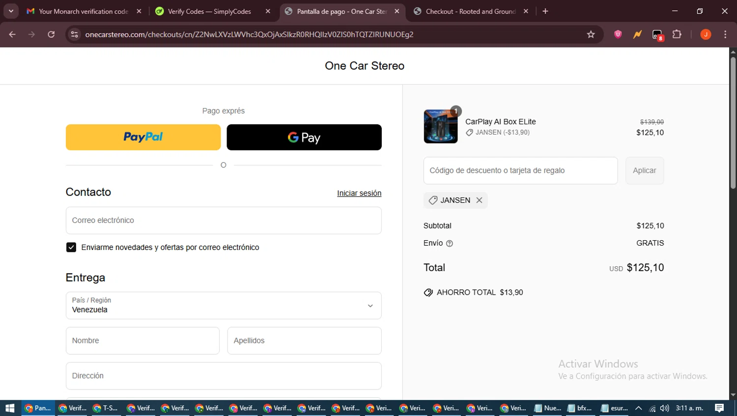 One Car Stereo promo code screenshot showing code JANSEN applied at One Car Stereo checkout page. Uploaded by SimplyCodes community member NobleAce2304 on Jun 19, 2025