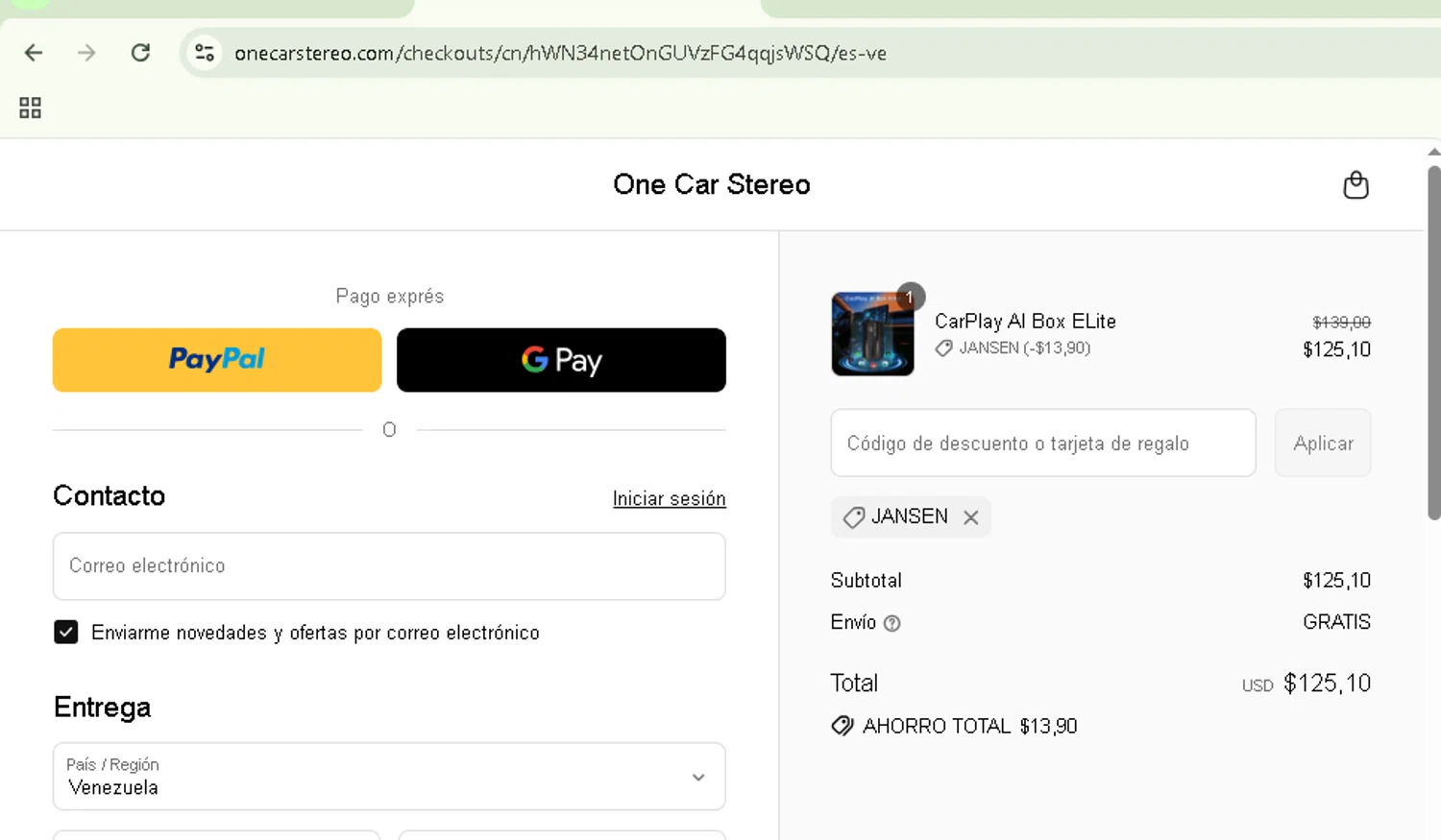 One Car Stereo promo code screenshot showing code JANSEN applied at One Car Stereo checkout page. Uploaded by SimplyCodes community member NobleSentinel8535 on Sep 17, 2025
