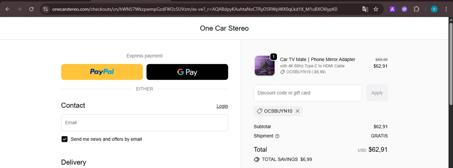 One Car Stereo promo code screenshot showing code OCSBUYN10 applied at One Car Stereo checkout page. Uploaded by SimplyCodes community member ValiantChaser7723 on Nov 10, 2025