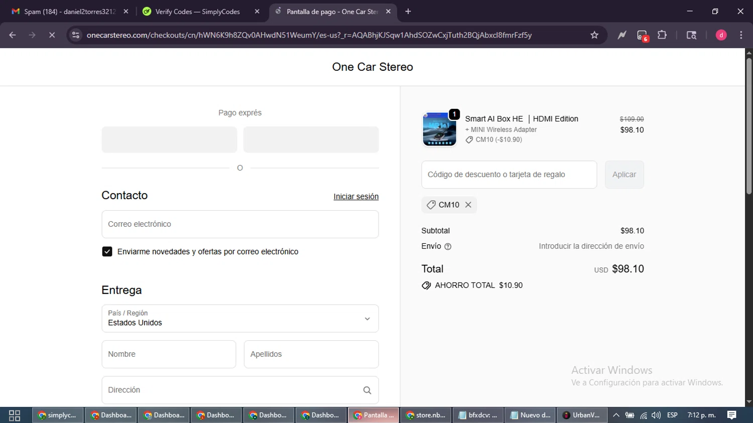 One Car Stereo promo code screenshot showing code CM10 applied at One Car Stereo checkout page. Uploaded by SimplyCodes community member MagnificentSpotter4236 on Dec 11, 2025