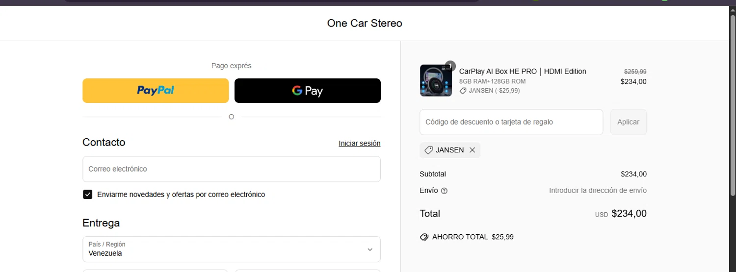 One Car Stereo promo code screenshot showing code JANSEN applied at One Car Stereo checkout page. Uploaded by SimplyCodes community member ashe1986 on May 6, 2025