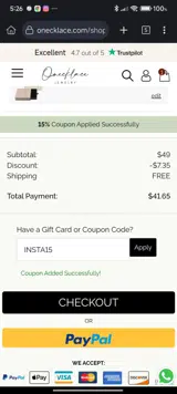 INSTA15 coupon verification screenshot