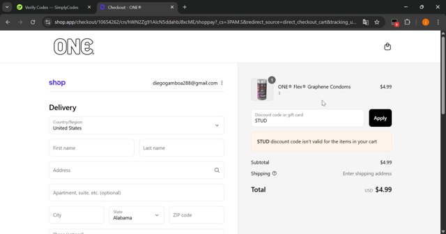 One Condoms checkout page showing One Condoms discount code box | Screenshot taken by SimplyCodes community member on Sep 4, 2025