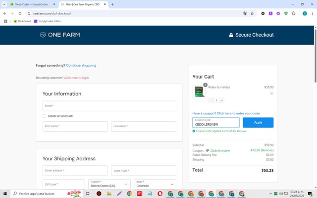 One Farm checkout page showing One Farm coupon code box | Screenshot taken by SimplyCodes community member on Jul 21, 2025