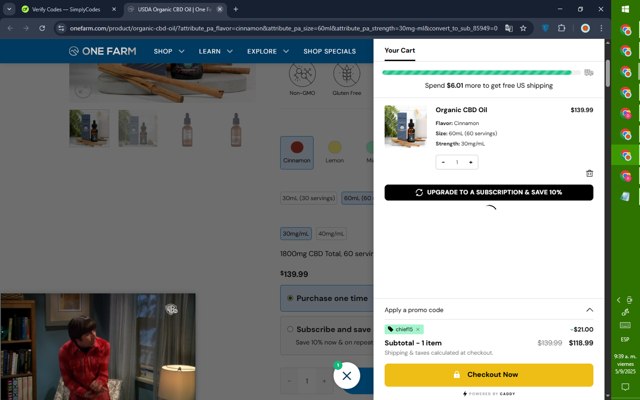 One Farm checkout page showing One Farm coupon code box | Screenshot taken by SimplyCodes community member on Sep 5, 2025