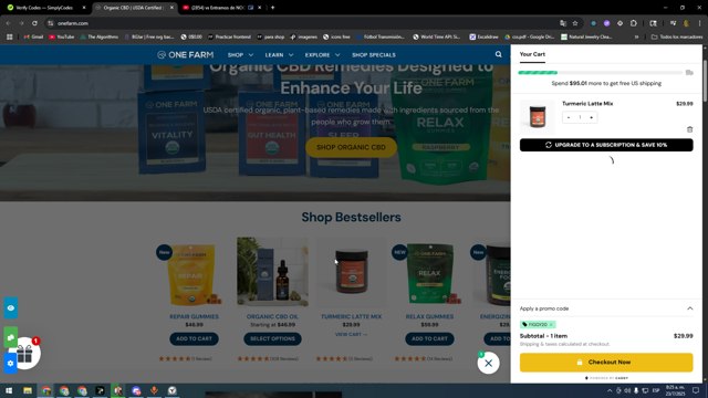 One Farm checkout page showing One Farm coupon code box | Screenshot taken by SimplyCodes community member on Jul 23, 2025