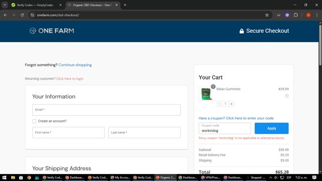 One Farm checkout page showing One Farm coupon code box | Screenshot taken by SimplyCodes community member on Aug 27, 2025