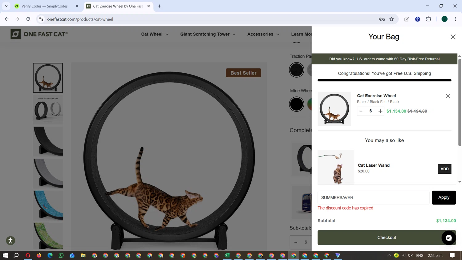 One Fast Cat promo code screenshot showing code SUMMERSAVER applied at One Fast Cat checkout page. Uploaded by SimplyCodes community member alexbrown on Jan 11, 2026