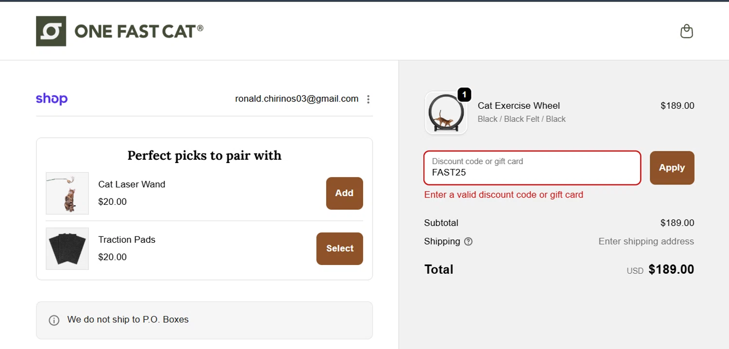 One Fast Cat promo code screenshot showing code FAST25 applied at One Fast Cat checkout page. Uploaded by SimplyCodes community member PennySage5996 on Apr 2, 2026