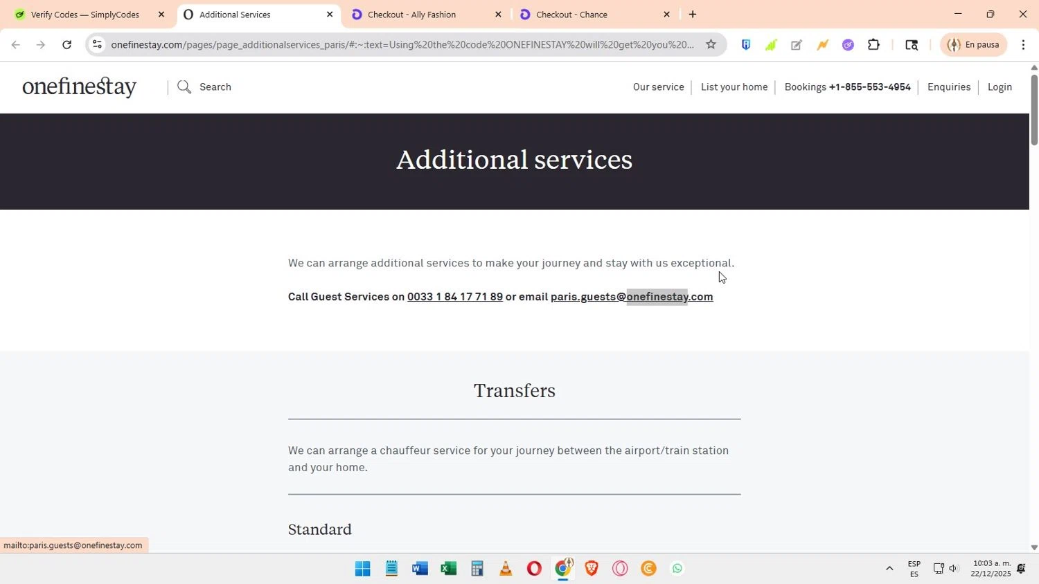 Onefinestay promo code screenshot showing code ONEFINESTAY applied at Onefinestay checkout page. Uploaded by SimplyCodes community member Elimix on Dec 22, 2025