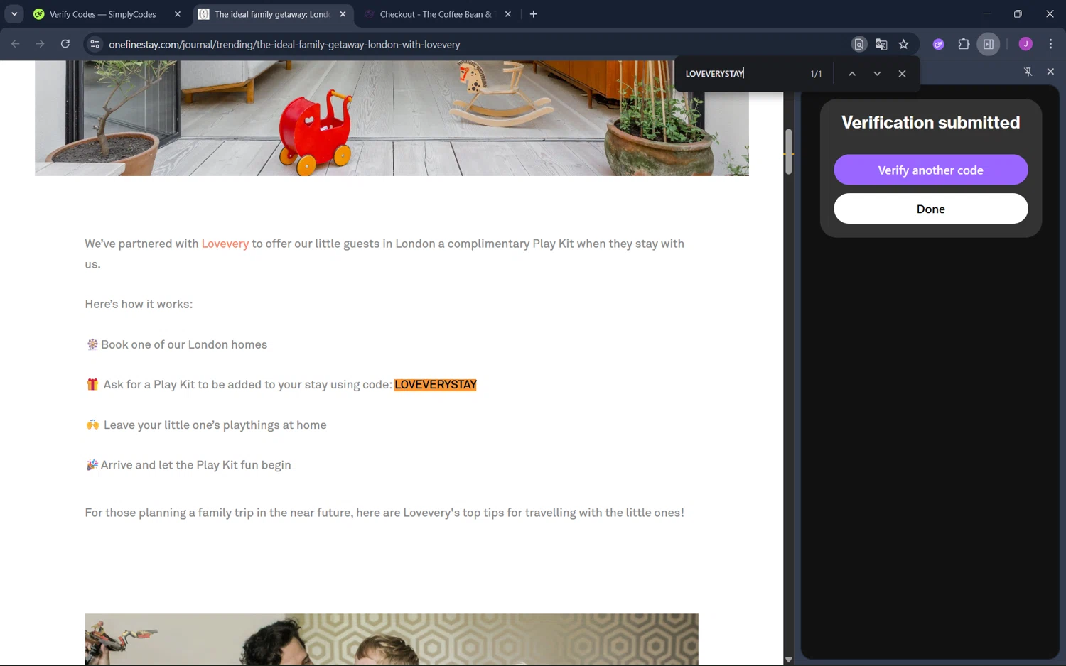 Onefinestay promo code screenshot showing code LOVEVERYSTAY applied at Onefinestay checkout page. Uploaded by SimplyCodes community member juan1702 on Sep 12, 2025