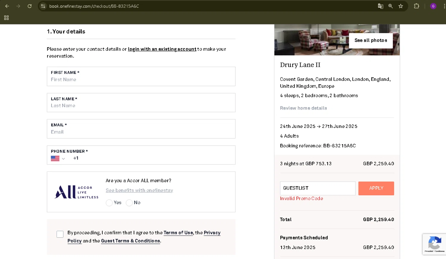 Onefinestay promo code screenshot showing code GUESTLIST applied at Onefinestay checkout page. Uploaded by SimplyCodes community member WiseMaverick4603 on Jun 13, 2025