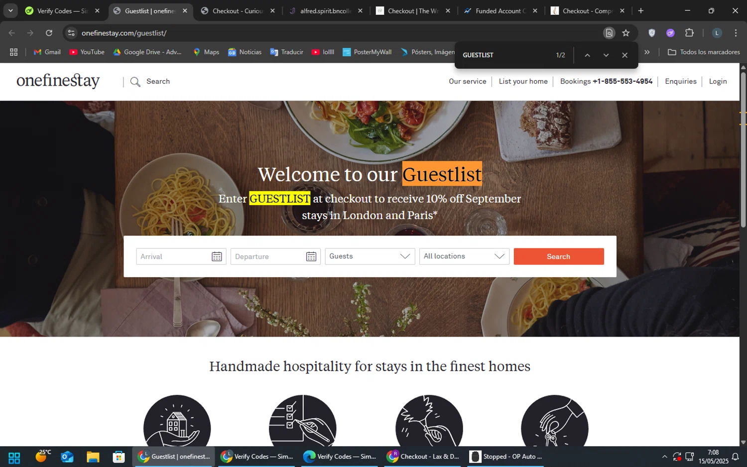 Onefinestay promo code screenshot showing code GUESTLIST applied at Onefinestay checkout page. Uploaded by SimplyCodes community member SoyLuis on May 15, 2025