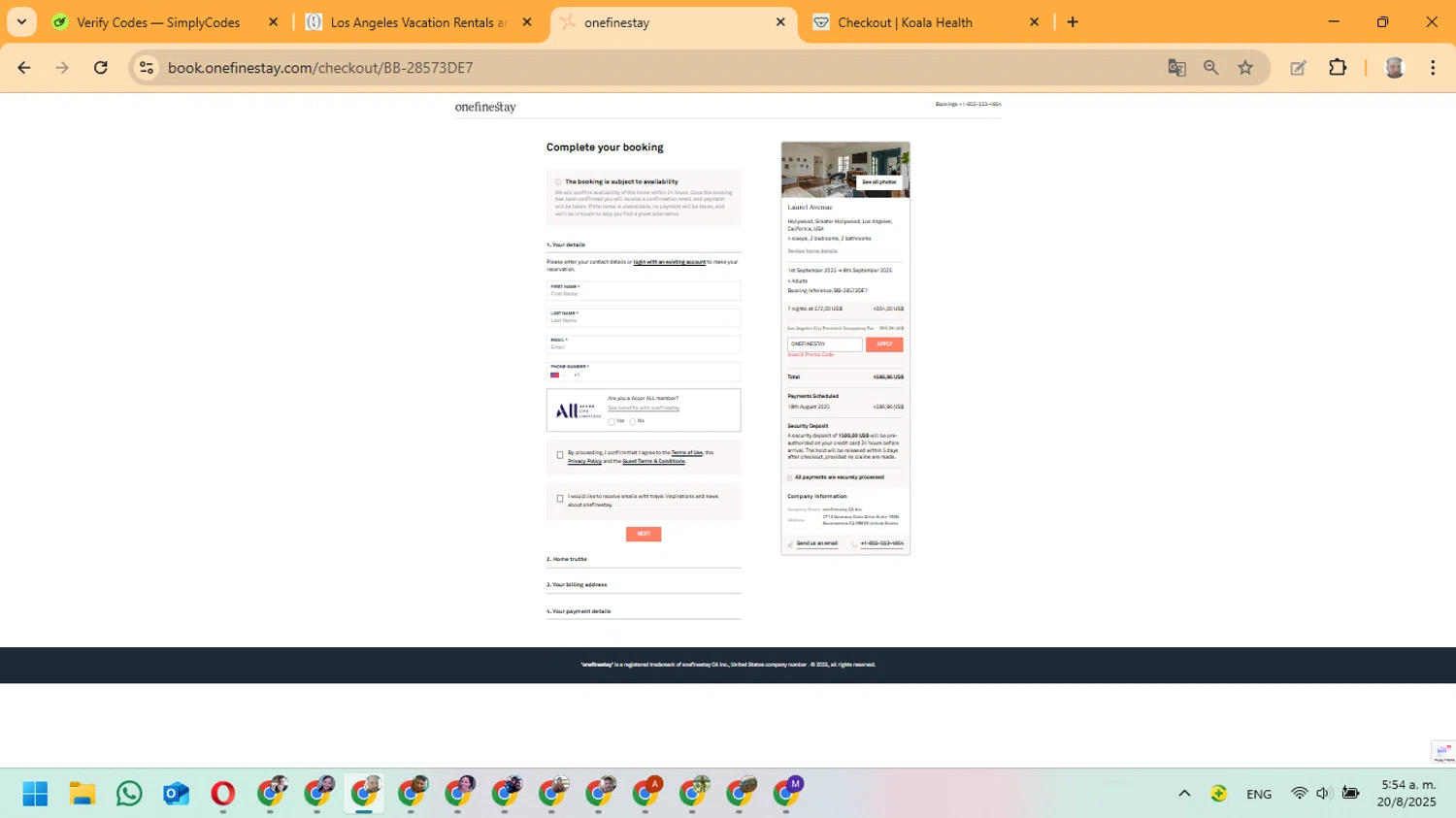 Onefinestay promo code screenshot showing code ONEFlNESTAY applied at Onefinestay checkout page. Uploaded by SimplyCodes community member ManuelF on Aug 20, 2025