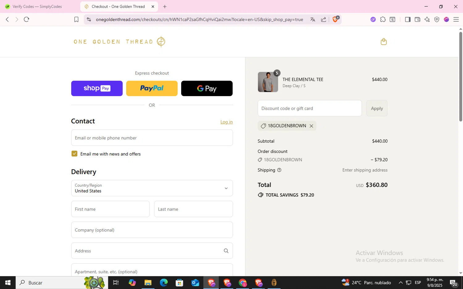 One Golden Thread discount code screenshot showing code 18goldenbrown applied at One Golden Thread checkout page. Uploaded by SimplyCodes community member CodeLynx5272 on Aug 10, 2025