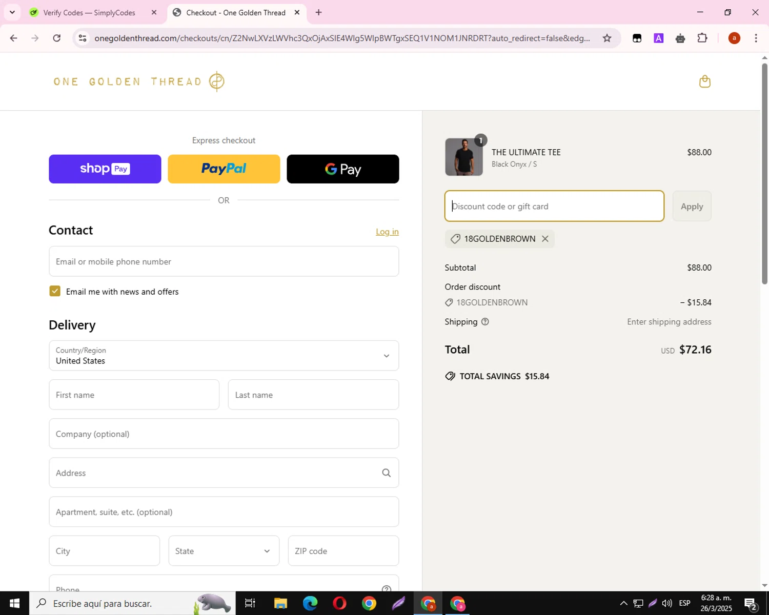 One Golden Thread discount code screenshot showing code 18goldenbrown applied at One Golden Thread checkout page. Uploaded by SimplyCodes community member PrimePro2711 on Mar 26, 2025