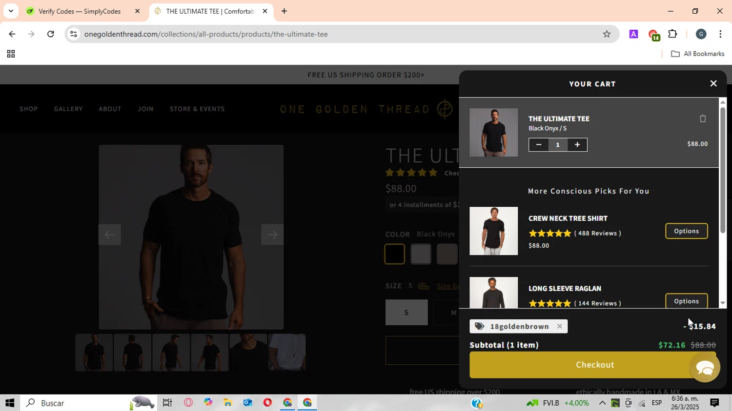 One Golden Thread discount code screenshot showing code 18goldenbrown applied at One Golden Thread checkout page. Uploaded by SimplyCodes community member CrownWizard8571 on Mar 26, 2025