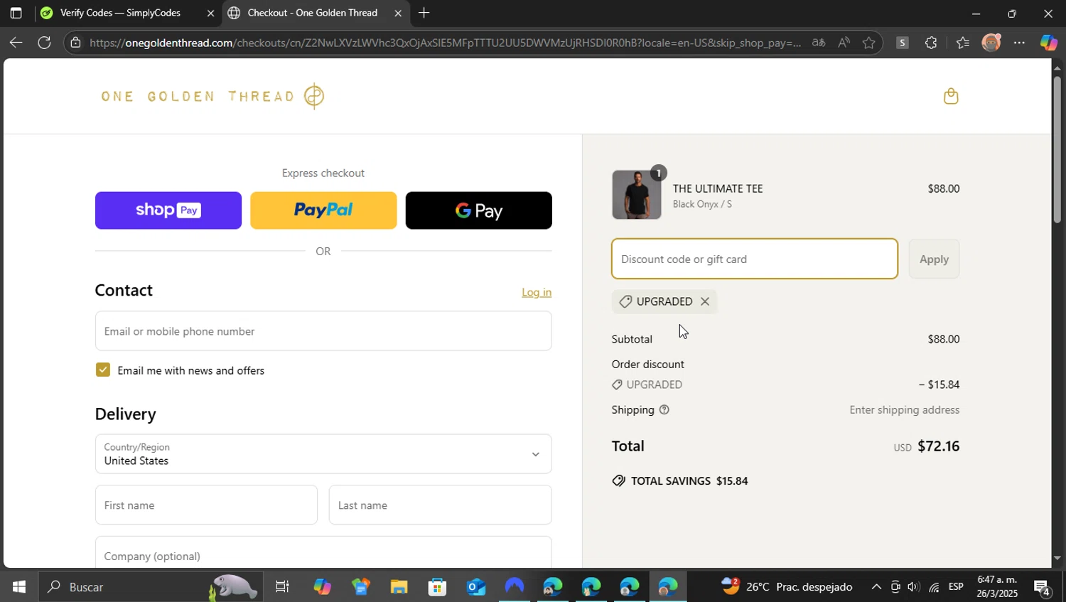 One Golden Thread discount code screenshot showing code UPGRADED applied at One Golden Thread checkout page. Uploaded by SimplyCodes community member ShieldEagle9436 on Mar 26, 2025
