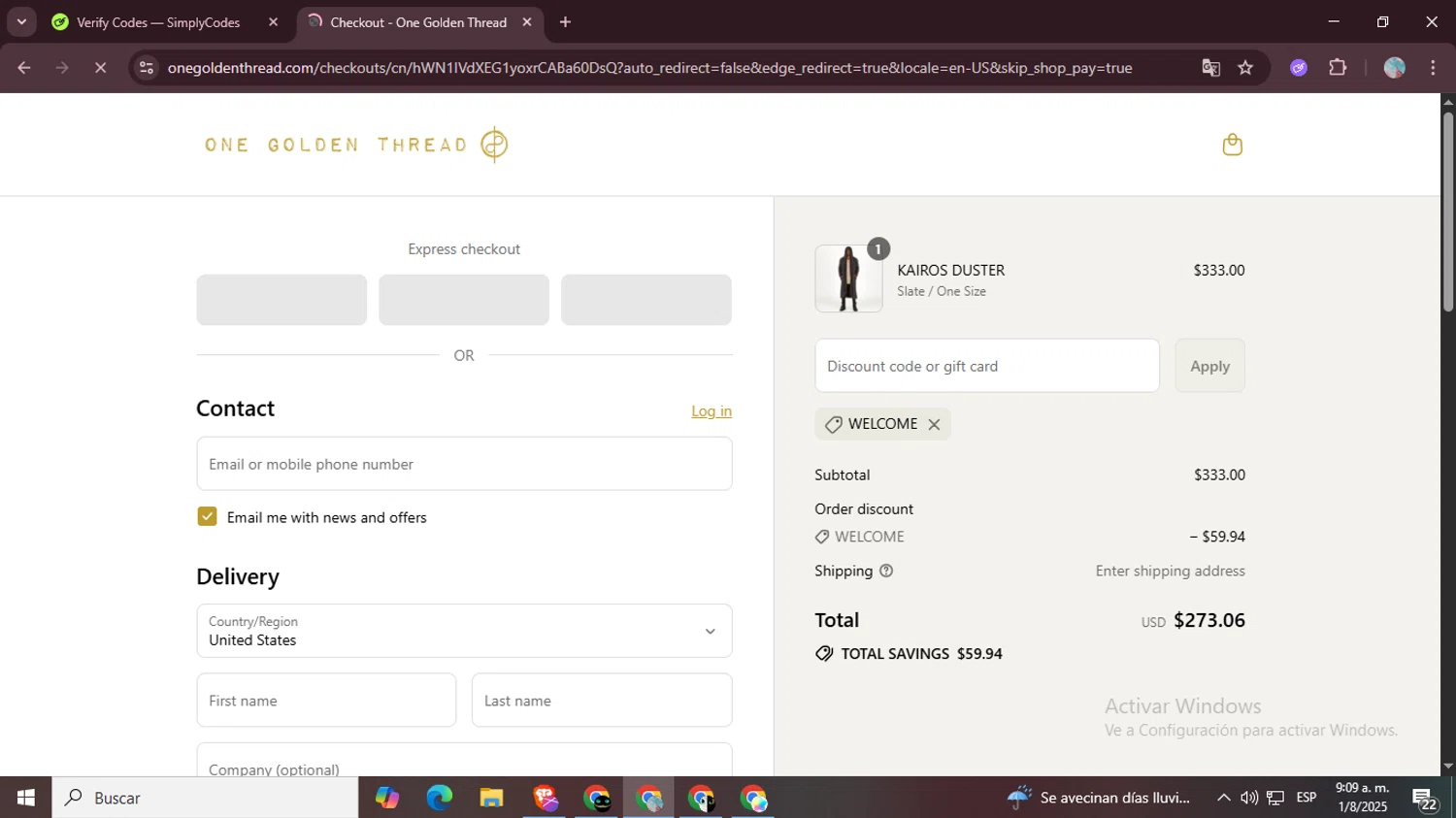 One Golden Thread discount code screenshot showing code Welcome applied at One Golden Thread checkout page. Uploaded by SimplyCodes community member LegendaryPro7106 on Aug 1, 2025